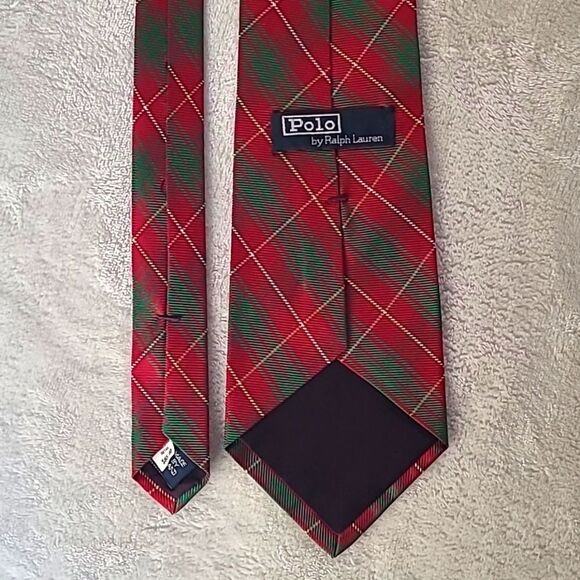 Polo Ralph Lauren Silk Mens Necktie Handsewn Festive Red Green Geometric Pattern - Picture 2 of 14